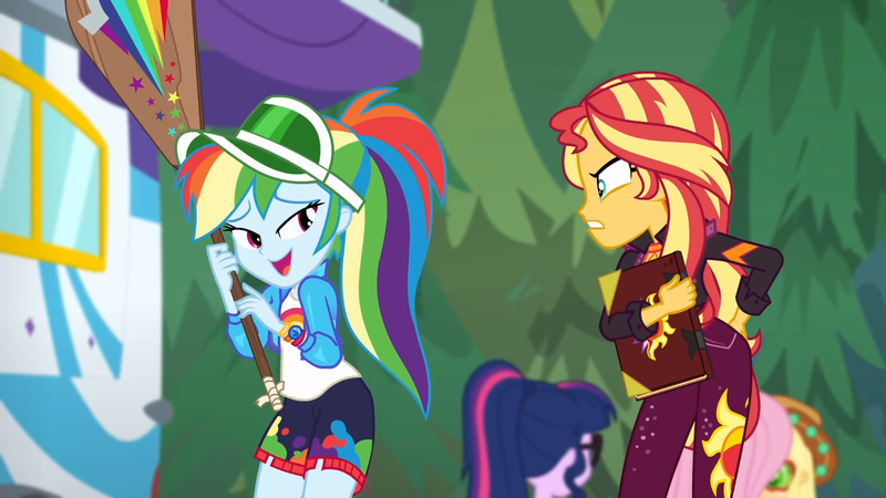 Size: 1280x720 | Tagged: safe, derpibooru import, screencap, applejack, fluttershy, rainbow dash, sci-twi, sunset shimmer, twilight sparkle, equestria girls, equestria girls series, sunset's backstage pass!, spoiler:eqg series (season 2), accidental innuendo, accidental spanking, animated, backstage pass, clothes, cute, dashabetes, embarrassed, female, grin, jacket, outdoors, paddle, rainbow dash's paddle, rv, smiling