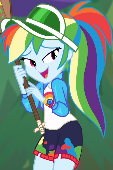 Size: 396x594 | Tagged: safe, derpibooru import, screencap, rainbow dash, equestria girls, equestria girls series, sunset's backstage pass!, spoiler:eqg series (season 2), accidental spanking, cap, chuckle, clothes, cropped, cute, dashabetes, embarrassed, geode of super speed, hat, jacket, lidded eyes, magical geodes, paddle, rainbow, rainbow dash's paddle, shirt, shorts, smiling, solo, sunset's paddling, t-shirt