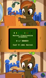 Size: 640x1080 | Tagged: safe, artist:jan, derpibooru import, edit, edited screencap, screencap, button mash, earth pony, pony, button's adventures, b-17 bomber, buttonbetes, colt, confused, cute, game console, hat, i don't get it, male, mattel electronics, obligatory pony, propeller hat, sitting, smiling, solo, video game