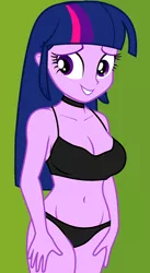 Size: 700x1280 | Tagged: suggestive, derpibooru import, edit, edited screencap, editor:ah96, screencap, twilight sparkle, equestria girls, equestria girls (movie), belly button, big breasts, black underwear, breast edit, breasts, busty twilight sparkle, canterlot high, cleavage, clothes, cropped, female, panties, sexy, solo, solo female, stupid sexy twilight, underwear, underwear edit