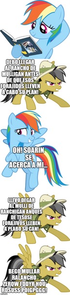 Size: 500x2084 | Tagged: safe, derpibooru import, edit, edited screencap, screencap, daring do, rainbow dash, pony, argentina, blushing, comic, female, implied shipping, implied soarin', implied soarindash, implied straight, lone ranger, mafalda, reading, screencap comic, spanish