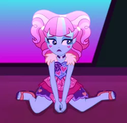 Size: 1120x1080 | Tagged: safe, derpibooru import, screencap, kiwi lollipop, equestria girls, equestria girls series, sunset's backstage pass!, spoiler:eqg series (season 2), choker, clothes, cropped, feet, female, k-lo, kneeling, legs, sad, sandals, skirt, solo, stage