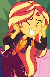 Size: 328x499 | Tagged: safe, derpibooru import, screencap, fluttershy, sci-twi, sunset shimmer, twilight sparkle, equestria girls, equestria girls series, sunset's backstage pass!, spoiler:eqg series (season 2), blurred background, clothes, cropped, cute, eyes closed, female, geode of empathy, grin, happy, holding hands, jacket, magical geodes, shimmerbetes, smiling, solo focus, thank you