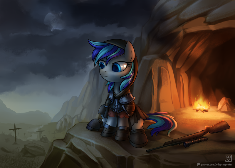 Size: 1514x1080 | Tagged: safe, artist:jedayskayvoker, derpibooru import, oc, oc:hooklined, unofficial characters only, pony, bonfire, caesar's legion, campfire, cave, cliff, clothes, commission, fire, gun, rifle, scenery, scout, sniper, wasteland, weapon