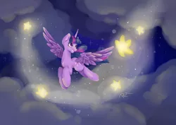 Size: 3496x2480 | Tagged: safe, artist:moon-wing, derpibooru import, twilight sparkle, twilight sparkle (alicorn), alicorn, pony, cloud, female, flying, mare, smiling, solo, spread wings, stars, wings