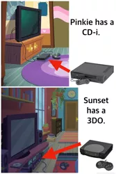 Size: 1044x1566 | Tagged: safe, derpibooru import, equestria girls, 3do, arrow, cd-i, fashion photo booth, implied pinkie pie, implied sunset shimmer, no pony, observation, pinkie's room, room, sunset's room, television, text, video game