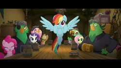 Size: 1920x1080 | Tagged: safe, derpibooru import, screencap, applejack, boyle, captain celaeno, fluttershy, lix spittle, mullet (character), murdock, pinkie pie, rainbow dash, rarity, spike, anthro, earth pony, gryphon, parrot pirates, pegasus, pony, unicorn, my little pony: the movie, animated, anthro with ponies, clothes, eyes closed, female, flying, hat, male, mare, no sound, pirate, webm, youtube link