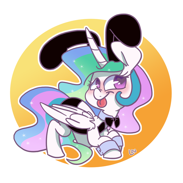 Size: 1500x1500 | Tagged: safe, artist:lou, derpibooru import, princess celestia, alicorn, pony, :p, blushing, bunny ears, bunny suit, bunnylestia, clothes, cuffs (clothes), cute, cutelestia, female, mare, raspberry, tongue out