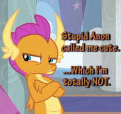 Size: 356x333 | Tagged: angry, animated, blatant lies, cropped, crossed arms, cute, denial's not just a river in egypt, derpibooru import, dragon, dragoness, edit, edited screencap, female, gif, i'm not cute, implied anon, meme, not helping your case, orange text, pouting, safe, school daze, screencap, smolder, smolderbetes, smoldere, solo, sulking, teenaged dragon, teenager, text, tsundere