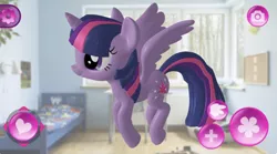 Size: 664x370 | Tagged: safe, derpibooru import, twilight sparkle, twilight sparkle (alicorn), alicorn, pony, 3d, app, ar app, augmented reality, bed, female, irl background, mare, mobile, phone app