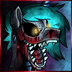 Size: 400x400 | Tagged: semi-grimdark, artist:dragonfruitdarigan, derpibooru import, oc, oc:nightshade, unofficial characters only, pony, robot, robot pony, black sclera, blood, bust, five nights at freddy's, open mouth, sharp teeth, solo, teeth