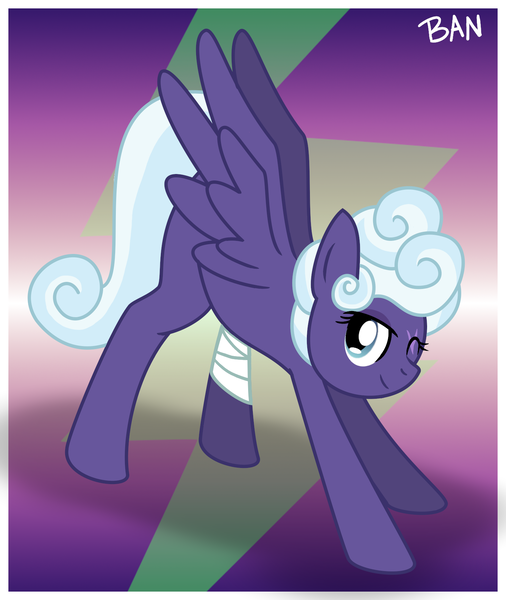 Size: 1507x1786 | Tagged: safe, artist:banquo0, derpibooru import, rolling thunder, pegasus, pony, the washouts (episode), bandage, eye scar, one eye closed, scar, solo, spread wings, stretch, wings, wink