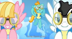 Size: 1587x863 | Tagged: caption, clothes, derpibooru import, edit, edited screencap, goggles, lightning dust, meadow flower, meme, mercury, milky way, safe, screencap, starry eyes (character), uniform, wonderbolts academy, wonderbolt trainee uniform, youtube caption, youtube link