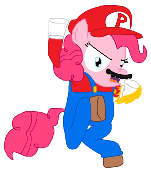 Size: 757x864 | Tagged: safe, artist:logan jones, derpibooru import, pinkie pie, pony, angry, clothes, cosplay, costume, crossover, crossover shipping, fake moustache, female, fire, hat, let's-a go!, male, mario, mariopie, ready to fight, shipping, simple background, straight, super mario bros., super smash bros., super smash bros. ultimate, transparent background