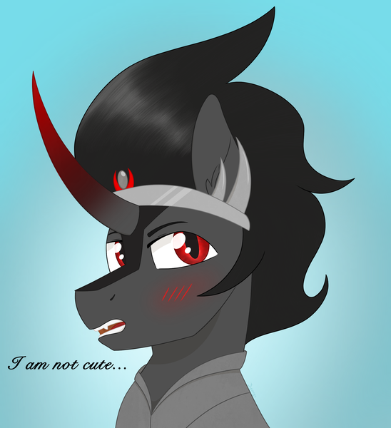 Size: 2119x2318 | Tagged: artist:dyonys, blushing, bust, curved horn, cute, derpibooru import, horn, i'm not cute, king sombra, male, open mouth, portrait, safe, solo, sombradorable, stallion, text, tsundere