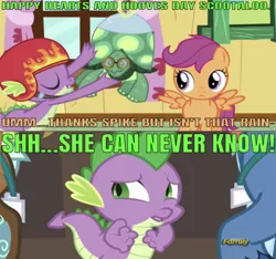 Size: 640x599 | Tagged: safe, derpibooru import, edit, edited screencap, editor:undeadponysoldier, screencap, scootaloo, spike, tank, dragon, pegasus, pony, tortoise, just for sidekicks, princess spike (episode), caption, discovery family logo, female, filly, hearts and hooves day, helmet, image macro, implied rainbow dash, male, present, scootaspike, secret, shipping, shush, spread wings, straight, text, thief, wings