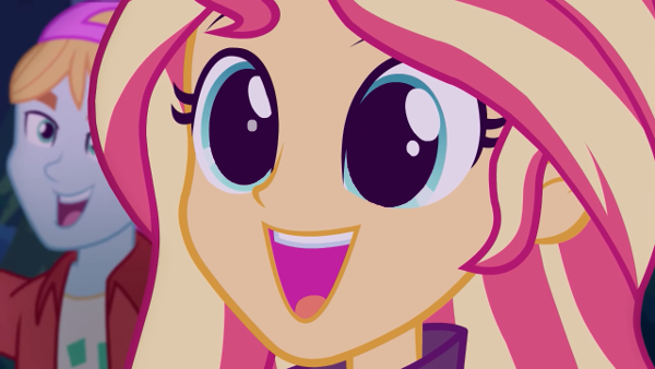 Size: 600x338 | Tagged: safe, derpibooru import, edit, edited screencap, screencap, fry lilac, sunset shimmer, equestria girls, equestria girls series, sunset's backstage pass!, spoiler:eqg series (season 2), backstage pass, beautiful, close-up, cute, eye reflection, happy, reflection, shimmerbetes, smiling, template, wide eyes