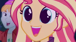 Size: 600x338 | Tagged: safe, derpibooru import, edit, edited screencap, screencap, fry lilac, sunset shimmer, equestria girls, equestria girls series, sunset's backstage pass!, spoiler:eqg series (season 2), backstage pass, beautiful, close-up, cute, eye reflection, happy, reflection, shimmerbetes, smiling, template, wide eyes