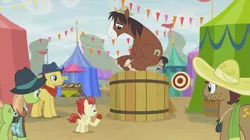 Size: 1273x714 | Tagged: safe, derpibooru import, screencap, bandana baldwin, beuford, high stakes, skyquake (pony), trouble shoes, yuma spurs, pony, growing up is hard to do, appleloosa resident, clothes, colt, cowboy hat, dunk tank, female, hat, male, mare, stallion