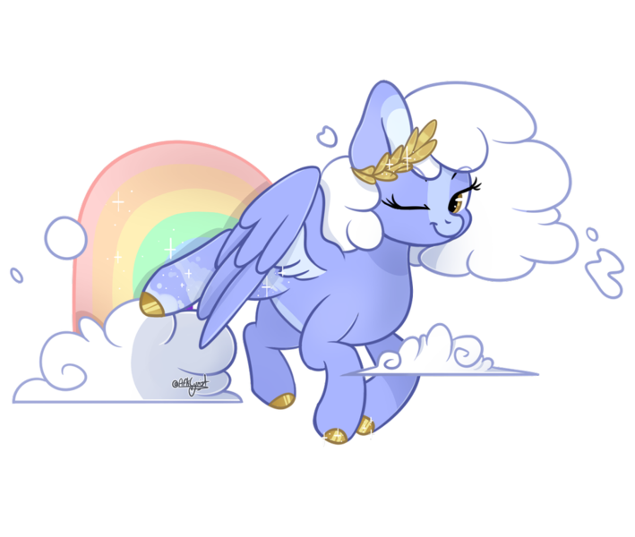 Size: 972x823 | Tagged: safe, artist:afkcyrist, derpibooru import, oc, unofficial characters only, pegasus, pony, blaze (coat marking), cloud, cloud mane, coat markings, colored hooves, commission, female, flying, laurel wreath, looking at you, mare, one eye closed, rainbow, simple background, smiling, solo, transparent background