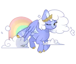 Size: 972x823 | Tagged: safe, artist:afkcyrist, derpibooru import, oc, unofficial characters only, pegasus, pony, blaze (coat marking), cloud, cloud mane, coat markings, colored hooves, commission, female, flying, laurel wreath, looking at you, mare, one eye closed, rainbow, simple background, smiling, solo, transparent background