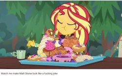 Size: 887x554 | Tagged: safe, derpibooru import, edit, screencap, sunset shimmer, equestria girls, equestria girls series, wake up!, spoiler:choose your own ending (season 2), spoiler:eqg series (season 2), :t, bread, cake, candy, cinnamon bun, croissant, eyes closed, food, frosting, jelly beans, mug, pastry, picnic table, stuffing, sweets, table, this will end in weight gain, tray, tree, wake up!: pinkie pie