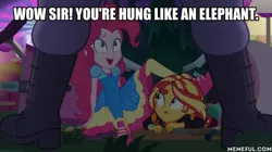 Size: 600x337 | Tagged: suggestive, derpibooru import, edit, edited screencap, screencap, max steele, pinkie pie, sunset shimmer, equestria girls, equestria girls series, sunset's backstage pass!, spoiler:eqg series (season 2), caption, clothes, female, framed by legs, image macro, implied penis, shoes, sneakers, text