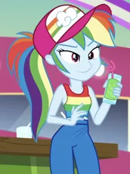 Size: 600x797 | Tagged: safe, derpibooru import, screencap, rainbow dash, equestria girls, equestria girls series, spring breakdown, spoiler:eqg series (season 2), bendy straw, cap, clothes, drinking straw, female, hat, rainbow dash is best facemaker, solo, stupid sexy rainbow dash