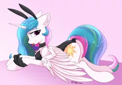 Size: 4961x3425 | Tagged: suggestive, artist:muffinkarton, derpibooru import, princess celestia, alicorn, pony, bunny ears, bunny suit, bunnylestia, butt, choker, clothes, cuffs (clothes), cute, digital art, ear fluff, female, leotard, looking at you, mare, playboy bunny, plot, sexy, smiling, solo, solo female, spread wings, tongue out, wings
