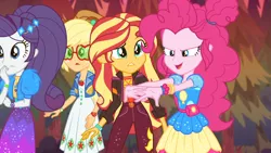 Size: 1280x720 | Tagged: safe, derpibooru import, screencap, applejack, pinkie pie, rarity, sunset shimmer, equestria girls, equestria girls series, sunset's backstage pass!, spoiler:eqg series (season 2), cracking knuckles, determined, discovery family logo, evening, forest, sunglasses, worried