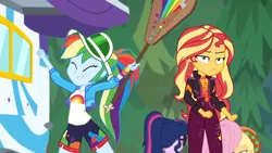Size: 1280x720 | Tagged: safe, derpibooru import, screencap, applejack, fluttershy, rainbow dash, sci-twi, sunset shimmer, twilight sparkle, equestria girls, equestria girls series, sunset's backstage pass!, spoiler:eqg series (season 2), clothes, female, geode of empathy, jacket, magical geodes, outdoors, paddle, rainbow dash's paddle, rv, shorts, unamused, visor