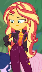 Size: 350x600 | Tagged: safe, derpibooru import, screencap, fluttershy, sci-twi, sunset shimmer, twilight sparkle, equestria girls, equestria girls series, sunset's backstage pass!, spoiler:eqg series (season 2), animated, backstage pass, butt rub, butt touch, cropped, out of context, smooth as butter, solo focus, unamused