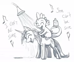 Size: 1100x915 | Tagged: artist:pedantia, derpibooru import, happy, mane 'n tail, product placement, safe, shampoo, shower, showering, singing, singing in the shower, spike, the failure song, twilight sparkle, washing hair, wet, wet mane