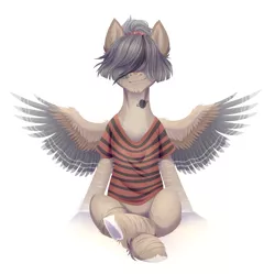 Size: 2769x2762 | Tagged: safe, artist:djkaskan, derpibooru import, oc, unofficial characters only, pegasus, pony, chin fluff, ear fluff, fluffy, frog (hoof), hair over eyes, leg fluff, male, signature, simple background, smiling, smirk, solo, spread wings, stallion, underhoof, unshorn fetlocks, white background, wing fluff, wings