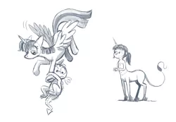 Size: 1156x800 | Tagged: alicorn, artist:pedantia, centaur, derpibooru import, flying, nudity, phoebe, phoebe and her unicorn, safe, spike, twilight sparkle, twilight sparkle (alicorn)