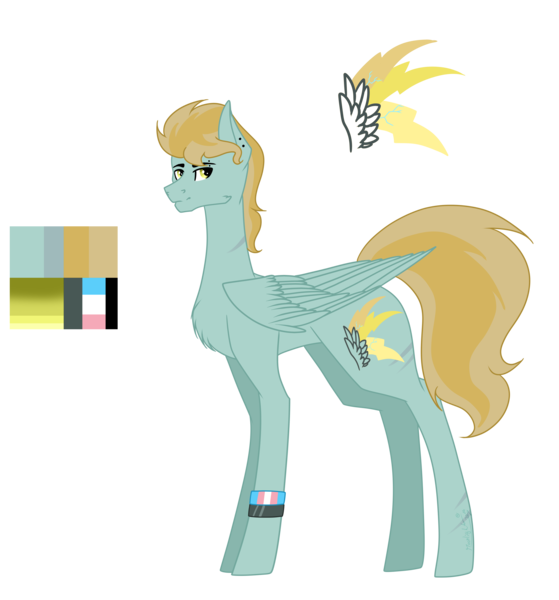 Size: 5484x5890 | Tagged: safe, artist:moonlight0shadow0, derpibooru import, oc, oc:jasper (ice1517), unofficial characters only, pegasus, pony, icey-verse, absurd resolution, ear piercing, earring, eyebrow piercing, jewelry, magical lesbian spawn, male, offspring, parent:lightning dust, parent:limestone pie, parents:limedust, piercing, pride, pride flag, redesign, reference sheet, scar, simple background, solo, stallion, trans boy, transgender, transgender pride flag, transparent background, wristband