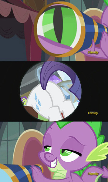 Size: 416x701 | Tagged: suggestive, derpibooru import, edit, edited screencap, editor:clopero overlord, screencap, rarity, spike, pony, dragon dropped, princess spike (episode), butt, comic, discovery family logo, eyes on the prize, female, gem, male, meme, plot, rearity, screencap comic, shipping, sparity, spike's telescope, straight, telescope, voyeurism