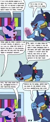 Size: 750x1800 | Tagged: safe, artist:bjdazzle, derpibooru import, ahuizotl, twilight sparkle, twilight sparkle (alicorn), alicorn, pony, season 9 retirement party, daring don't, daring doubt, 3 panel comic, anubis, book, book signing, book store, chibi, comic, ear piercing, earring, explanation, facepalm, female, glasses, good intentions gone wrong, guardian, implied sphinx, jewelry, magic, male, mare, necklace, old shame, piercing, quill, rings of scorchero, telekinesis