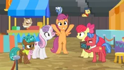 Size: 1600x900 | Tagged: safe, derpibooru import, screencap, apple bloom, biscuit, culinary art (character), scootaloo, spur, sweetie belle, earth pony, pegasus, pony, unicorn, growing up is hard to do, bleachers, box, chest, colt, cutie mark, cutie mark crusaders, excited, female, filly, male, mr. food, neckerchief, older, older apple bloom, older cmc, older scootaloo, older sweetie belle, rearing, stool, the cmc's cutie marks, unamused
