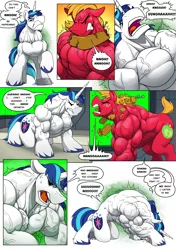 Size: 1800x2561 | Tagged: suggestive, artist:ponyanony, derpibooru import, big macintosh, shining armor, earth pony, pony, unicorn, comic:injection, abs, biceps, big macintosh's yoke, comic, deltoids, dialogue, duo, duo male, great macintosh, gritted teeth, male, muscle growth, muscles, overdeveloped muscles, pain, pecs, screaming, stallion, sweat, swelling armor, triceps, vein bulge