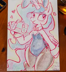 Size: 625x680 | Tagged: alicorn, anthro, artist:k-nattoh, bowtie, bunny ears, bunnylestia, bunny suit, clothes, cuffs (clothes), cute, cutelestia, derpibooru import, drink, female, heart, photo, princess celestia, safe, solo, traditional art, waitress