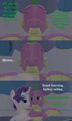 Size: 1920x3240 | Tagged: suggestive, artist:papadragon69, derpibooru import, rarity, spike, dragon, comic:spike's cyosa, 3d, bed, carousel boutique, comic, cyoa, female, male, older, older spike, shipping, source filmmaker, sparity, straight, teenage spike, teenager, waking up, winged spike