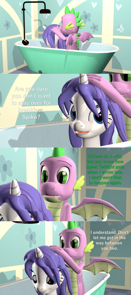 Size: 1920x4320 | Tagged: safe, artist:papadragon69, derpibooru import, rarity, spike, dragon, comic:spike's cyosa, 3d, bathing, bathtub, carousel boutique, comic, cyoa, female, male, older, older spike, shipping, shower, source filmmaker, sparity, straight, teenage spike, teenager, waking up, washing hair, wet, wet mane, wet mane rarity, winged spike