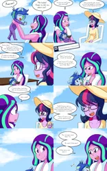 Size: 2000x3200 | Tagged: safe, artist:jake heritagu, derpibooru import, aria blaze, sci-twi, twilight sparkle, oc, oc:sparkling sapphire, comic:aria's archives, equestria girls, bikini, chair, clothes, comic, dialogue, female, implied lesbian, implied shipping, implied sunblaze, implied sunsetsparkle, magical lesbian spawn, offspring, parent:sci-twi, parent:sunset shimmer, parents:scitwishimmer, speech bubble, swimsuit, towel