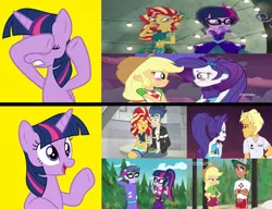 Size: 1280x984 | Tagged: safe, artist:3d4d, derpibooru import, edit, edited screencap, screencap, applejack, flash sentry, microchips, ragamuffin (equestria girls), rarity, sci-twi, sunset shimmer, timber spruce, twilight sparkle, twilight sparkle (alicorn), alicorn, eqg summertime shorts, equestria girls, equestria girls series, good vibes, legend of everfree, rollercoaster of friendship, spring breakdown, the road less scheduled, the road less scheduled: microchips, turf war, spoiler:eqg series (season 2), applespruce, discovery family logo, exploitable meme, female, flashimmer, hotline bling, lesbian, male, meme, microlight, rarijack, rarimuffin, scitwishimmer, shipping, straight, sunset sushi, sunsetsparkle, wrong aspect ratio