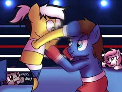 Size: 1600x1200 | Tagged: safe, artist:toyminator900, derpibooru import, oc, oc:bizarre song, oc:coldfire (bat pony), oc:sugar morning, oc:uppercute, unofficial characters only, bat pony, pegasus, pony, blurry, boxing, boxing gloves, boxing ring, clothes, dialogue, dodge, female, lights, male, mare, midriff, sports, sports bra