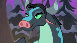 Size: 800x451 | Tagged: safe, derpibooru import, screencap, queen chrysalis, ophiotaurus, frenemies (episode), :p, :t, animated, aroused, bedroom eyes, blinking, cloven hooves, colored sclera, disguise, disguised changeling, eye contact, eyelashes, fangs, female, flirting, floppy ears, forked tongue, frown, green sclera, heart, heart eyes, horns, in love, lidded eyes, looking at each other, looking at you, male, night, open mouth, seduction, shocked, smiling, snow, stupid sexy chrysalis, tongue out, tree, wide eyes, wingding eyes, you know for kids