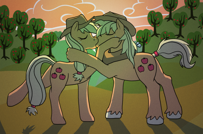 Size: 800x528 | Tagged: applejack, applejack (male), applejacks (shipping), artist:couchcrusader, derpibooru import, female, kissing, male, rule 63, safe, selfcest, self ponidox, shipping, straight, sweet apple acres