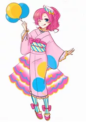 Size: 1242x1769 | Tagged: safe, artist:chizuru_mickey, derpibooru import, pinkie pie, human, anime, anime style, balloon, clothes, cute, diapinkes, female, hand, hat, humanized, kimono (clothing), licking, licking lips, looking at you, one eye closed, smiling, solo, tongue out, wink