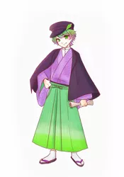 Size: 1242x1775 | Tagged: anime, anime style, artist:chizuru_mickey, clothes, derpibooru import, fangs, geta, hat, human, humanized, human spike, kimono (clothing), looking at you, male, paper, safe, sandals, smiling, solo, spike